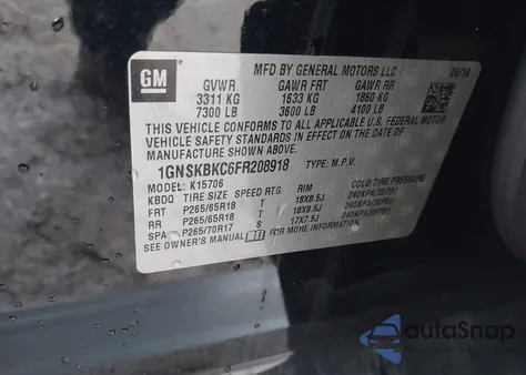 2015 Chevrolet Tahoe Lt z USA, uszkodzony, nr VIN 1GNSKBKC6FR208918